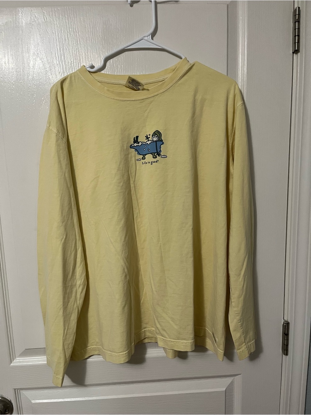 Life Is Good Pale Yellow Long-Sleeve Tee with Small Blue Graphic